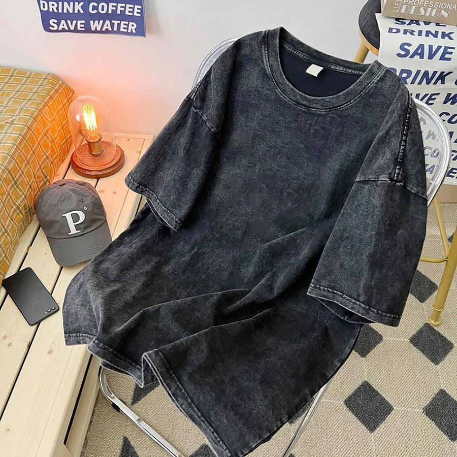 Men'S Washed T Shirt Summer Vintage Casual T-Shirt Loose Tshirts Women Black Acid Wash Y2K Short Sleeve Hip Hop Streetwear Tees