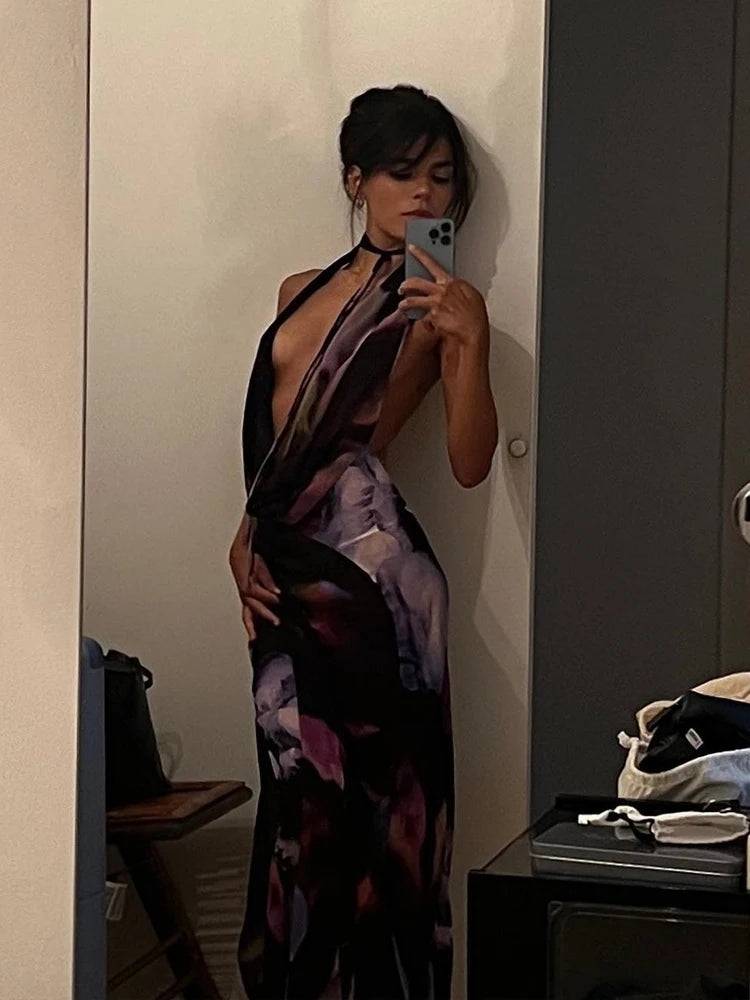 Backless Maxi Dress Women Sexy Purple Print Halter Bodycon Dress Summer Beach Outfits Elegant Sleeveless Club Party Dress 2022