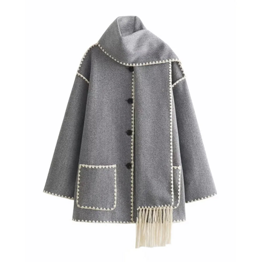 Women's Wool Trench Scarf Collar Coat