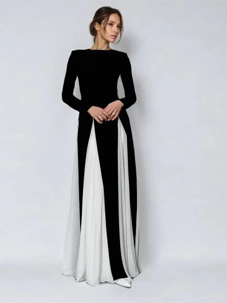 Elegant Black White Patchwork Maxi Dress