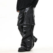 Men Leather Pants High Street Pleated Design